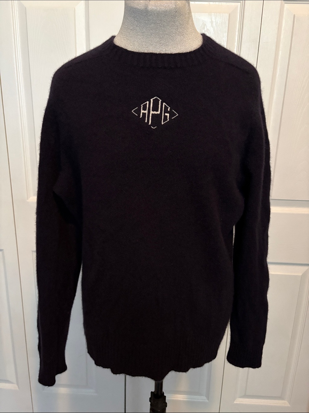 Cashmere & Lambswool Navy Crewneck Sweater with White APG (AGP) Monogram M/L